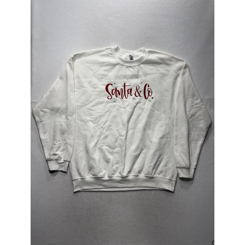 Gildan Sweatshirt Mens XL White Crew Neck Santa & Co Graphic Pullover Christmas